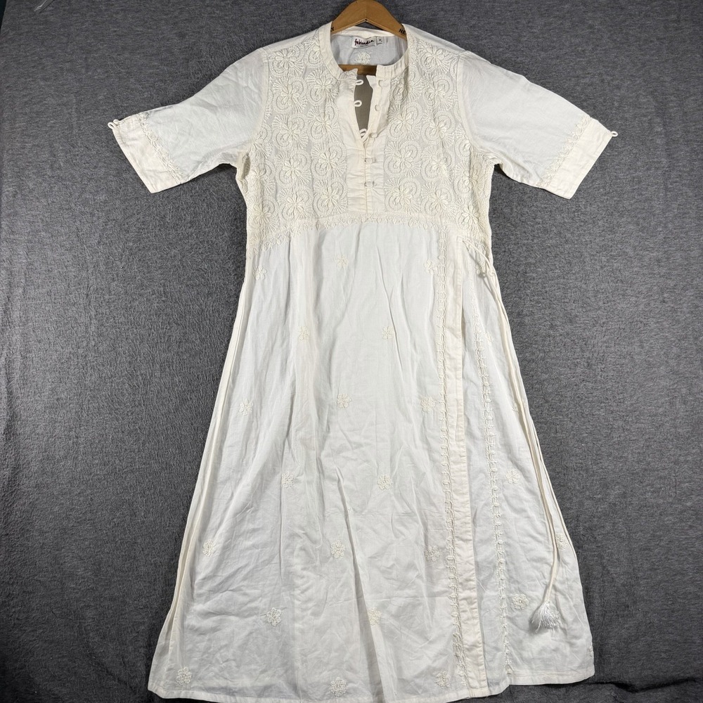 Fabindia Women's Cottage Core Cotton Dainty Embroidery Button Front Tie Waist M